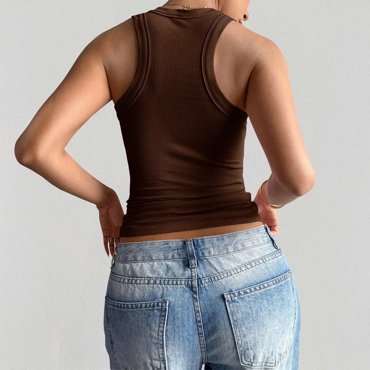 Women's Summer Tank Top Light Gray Crop Vest White Square Neck Sleeveless Top Navy Blue Slim Fit Camisole Burnt Orange Ribbed view 3