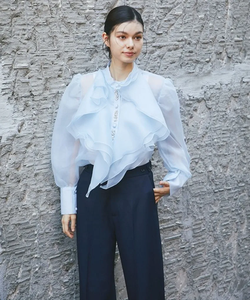 2024 Autumn Fashion Organza Ruffles Loose Blouses For Women\'s O Neck Lantern Sleeve Ruffles Diamonds Party Loose Blue Shirt Tops