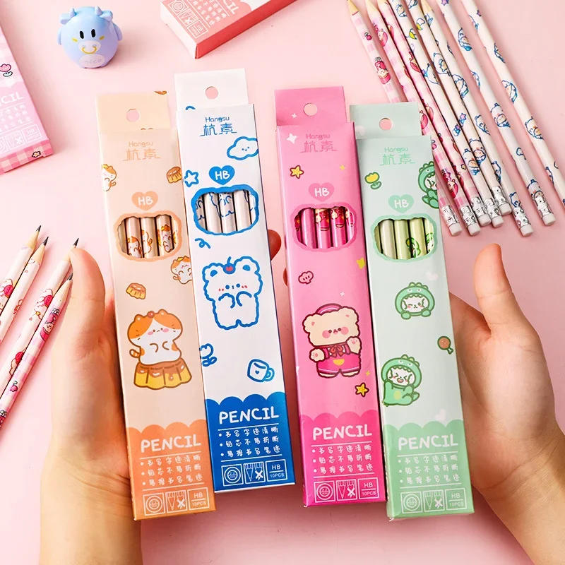 10pcs / lot wooden pencil HB pencil with eraser children's drawing pencil school writing stationery