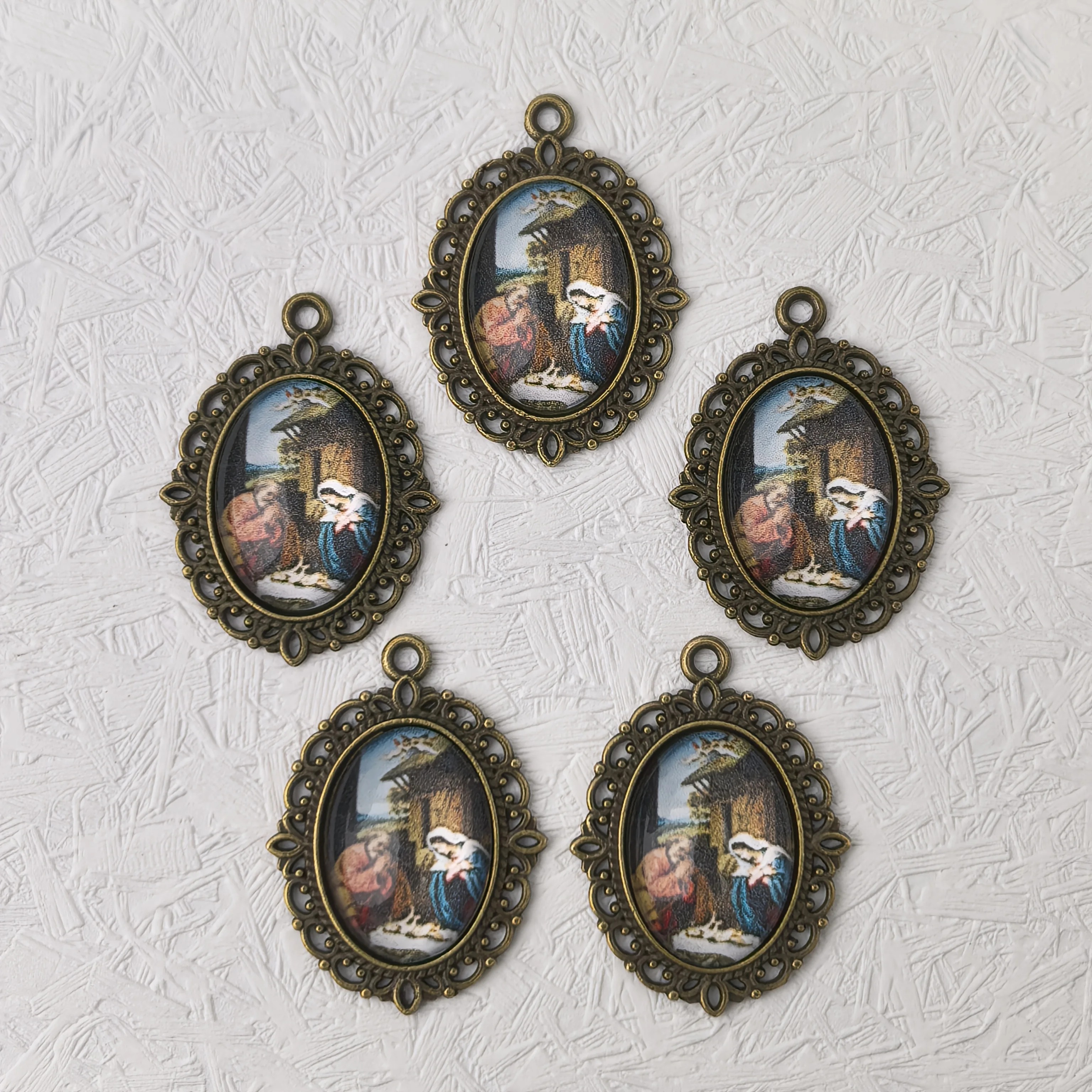 5Pcs Antique Bronze Lace Hollow Oval Charms, Unisex Holy Family Nativity Religious Badge, Handmade Convex Glass Devotional Penda