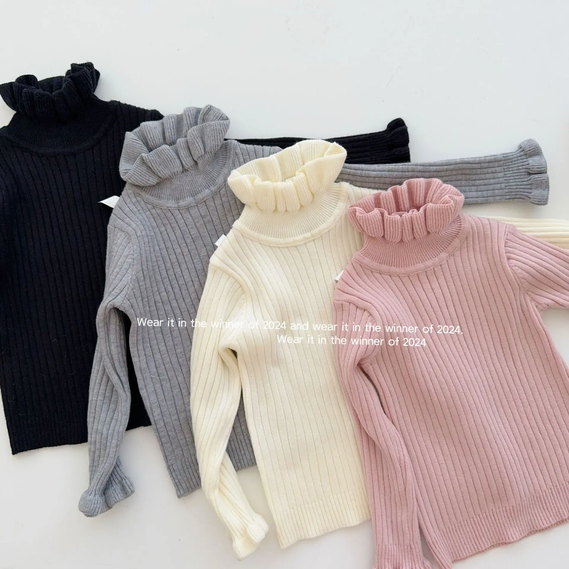 Girls Sweater 2024 Winter New Girls Solid Sweater High Collar Mushroom Edge Collar Knitted Versatile Base Sweater