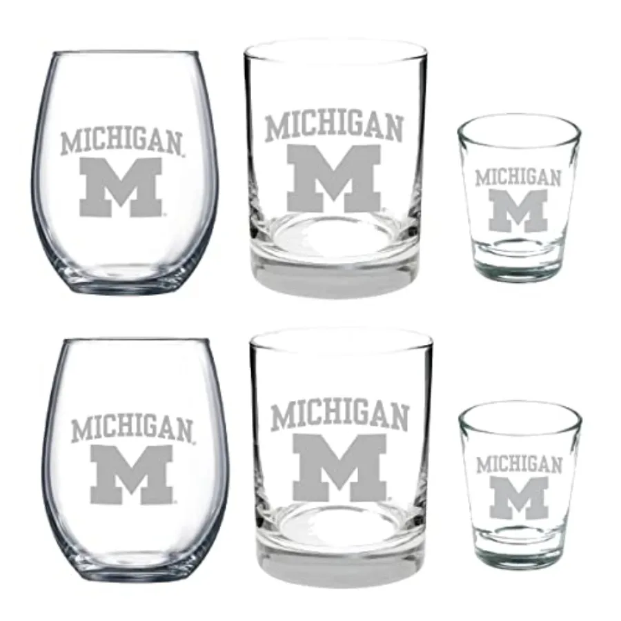 

Michigan Wolverines 6 Piece Satin Etched Glass Combo Set Includes 2 Wine Glasses, 2 Rocks/Whiskey Glasses, and 2 Shot Glasses
