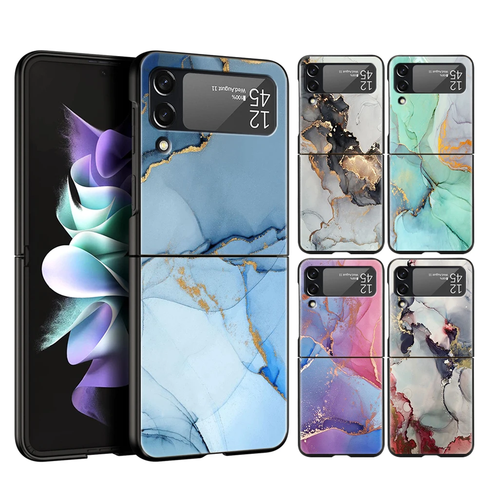 Marble Art painting Luxury Phone Case For Samsung Galaxy Z Flip 3 4 5 Fold Black Hard Shell For Samsung Z Flip3 5G Fashion Cover