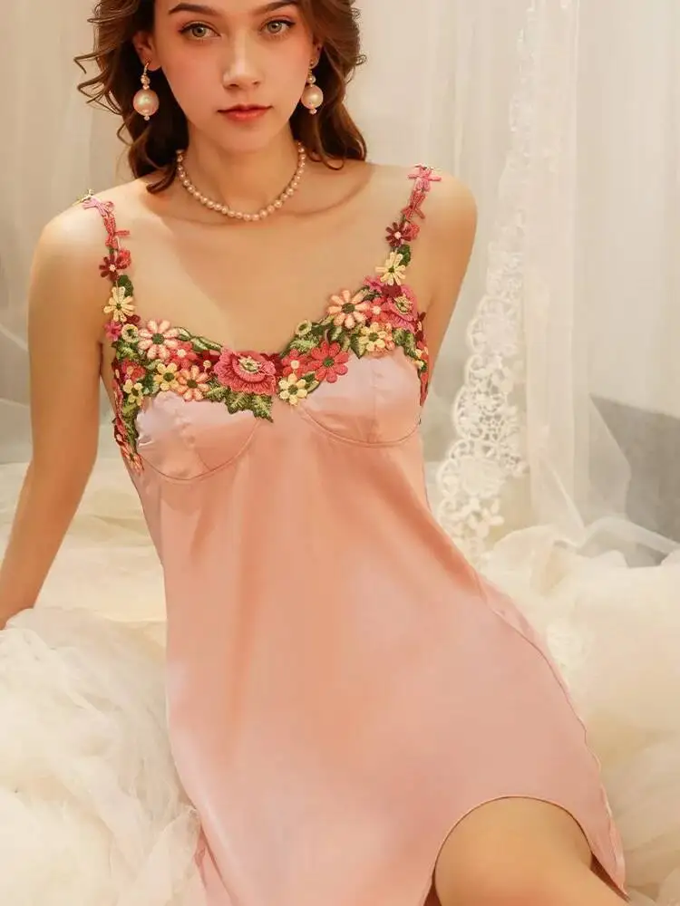 New Dress Sexy Strap Satin Flower Embroidery For Women Summer Pure Desire Style Sleep Wear Dress Charming Pure Desire Dress B9O1