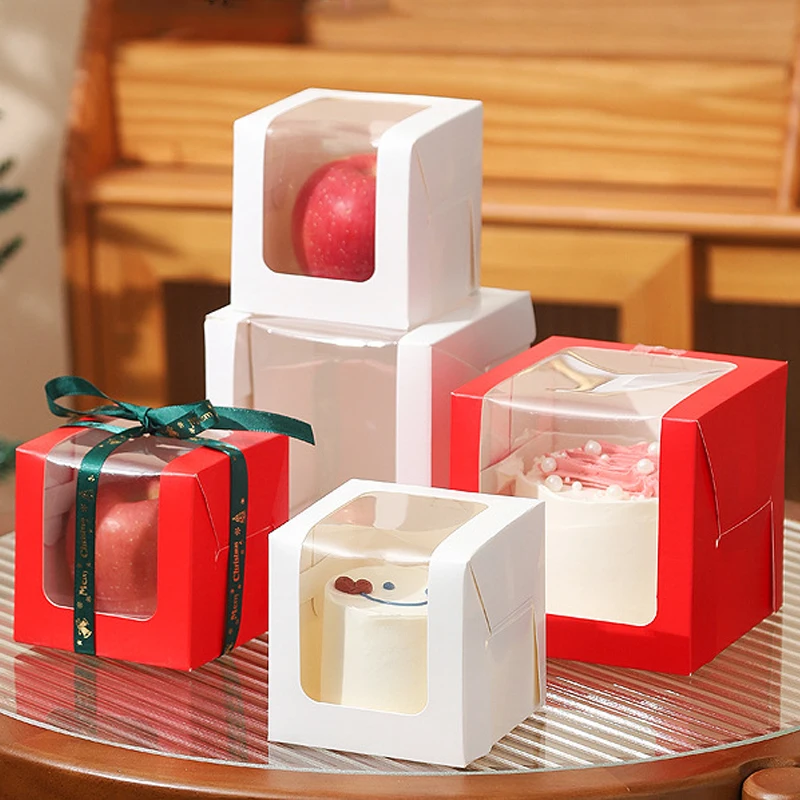 Caja de papel para magdalenas, color rojo y blanco, con ventana transparente, cajas de embalaje para postre y pasteles, caja de regalo de manzana para decoración de fiesta de Navidad, 10 Uds.