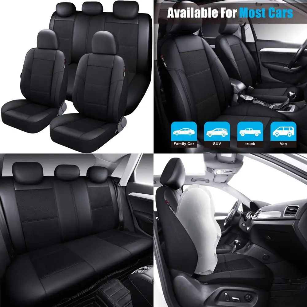 

P&J AUTO Кожаный и сетчатый чехол на автомобильное сиденье, полный комплект из 9 предметов, универсальный, подходит для автомобилей, грузовиков, фургонов и внедорожников, совместимая с подушкой безопасности (черный)