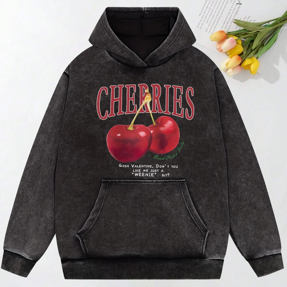 Cherries Fruit Creative Printing Snow Wash Hoodies Woman Fashion Cotton Hoody Oversize All-Match Tops Fashion Women Pullovers