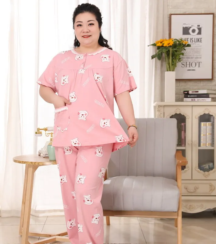 Kawaii cartoon short sleeve trousers pajamas sets women summer Plus size 5XL 100% cotton sleepwear pyjamas women 8880