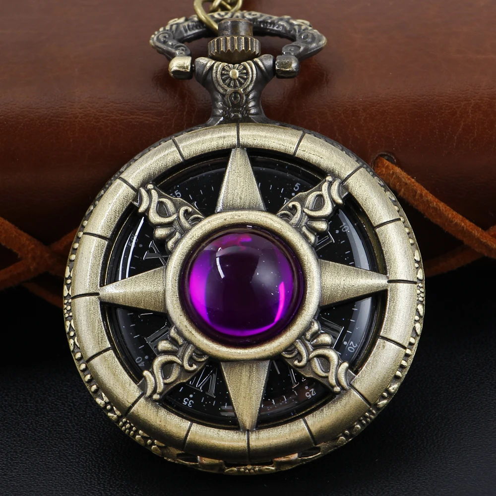 Antique Purple Magic Gem Octagonal Star Quartz Pocket Watch Vintage Fob Chain Necklace Bracelet Pendant Clock Men's Best Gift