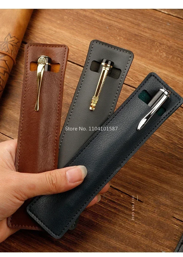 New 50Pcs Retro PU Pencil Bag Simple Literary Fountain Pen Storage Bag Student Stationery Pen Cover Solid Color Protective Cover