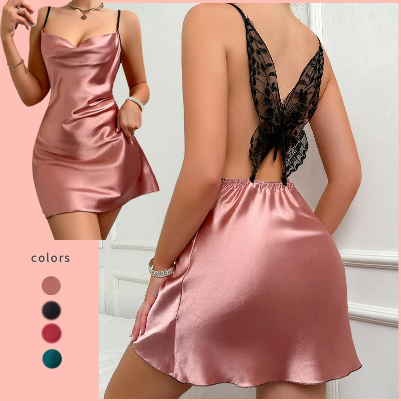 Women Back Lace Butterfly Nightdress Satin Smooth Sexy Nightgown Female Backless Elastic Waist Slip Dress Summer New Nightshirt