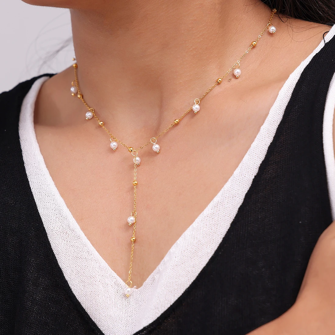 Small Pearl Tassel Long Pendant Women Stainless Steel Necklace Gold Plated Choker Clavicle Chain Jewelry Gift Wholesale