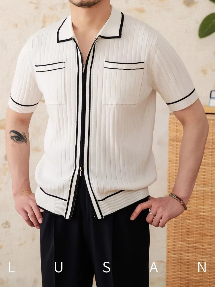 

Men's Slim Fit Knit Polo Cardigan - Summer Elastic Skin-Friendly Short Sleeve Silk Lapel Breathable Casual