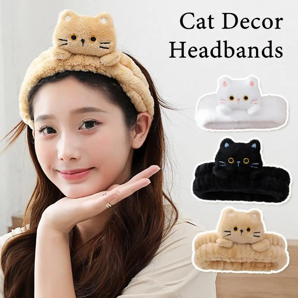 

1Pcs Face Wash Headbands Cartoon Cat Decor Headbands Coral Fleece Headband Elastic Makeup Face Wash Hair Band Women Spa Headband