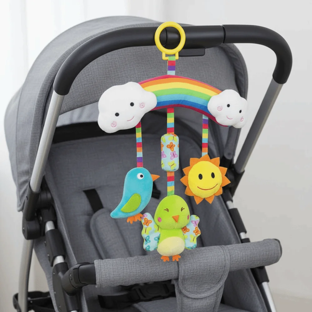 Giocattoli in Peluche per Neonati, Sonagli Sensoriali Morbidi, Campanello Colorato Arcobaleno, Giocattolo in Peluche con Funzione Massaggiagengive, Giocattolo per Seggiolino Auto 0-12 Mesi