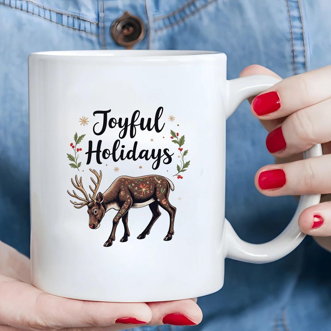 Taza de 11oz, pegatinas de felicitación festivas, diseño de reno pintado a mano, detalles de estrellas, regalo de Navidad, taza para niños, oficina familiar, café Comp