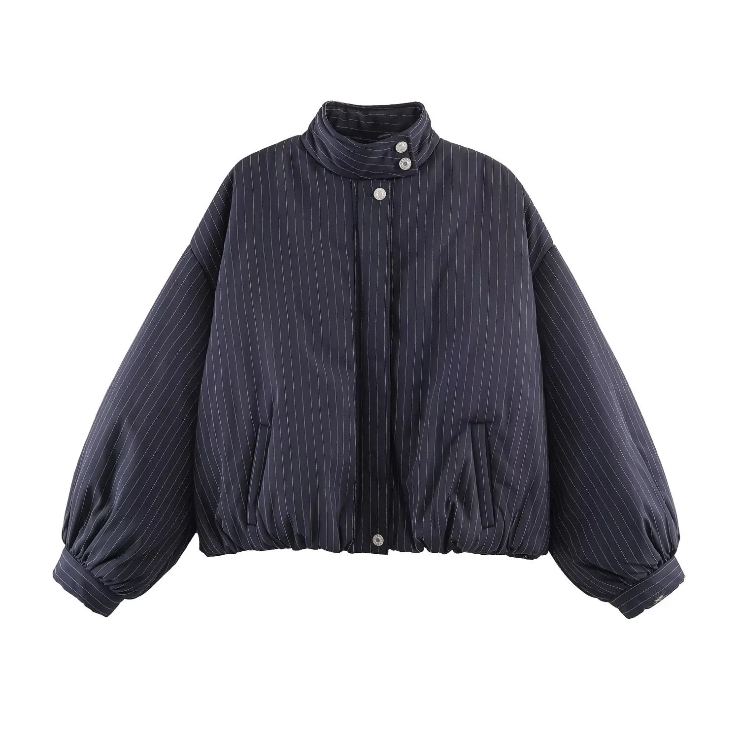 

2026 Spring New Women's European and American Style Fashionable Stand Collar Loose Long Sleeve Striped Bomber Jacket