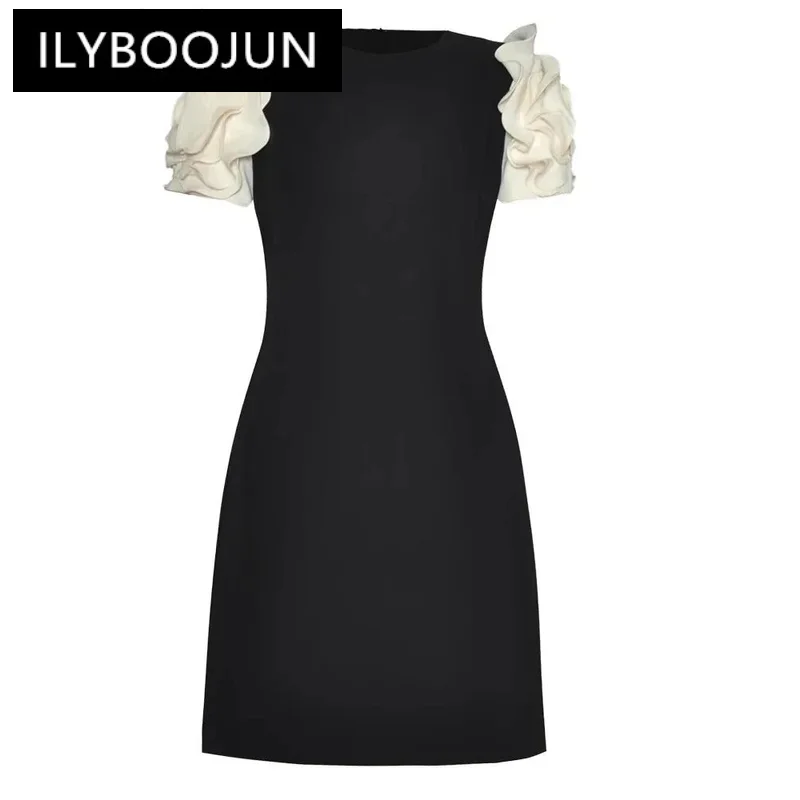 

ILYBOOJUN Fashion Designer Summer Mini Dress Women's O-Neck Discoid Flower Short Sleeve Office Lady Dresses