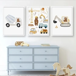 Cartoon Bear Forklift Excavator Car Mud Truck Nursery Wall Art Children's Prints Poster For Kids Room Baby Decor Canvas Painting