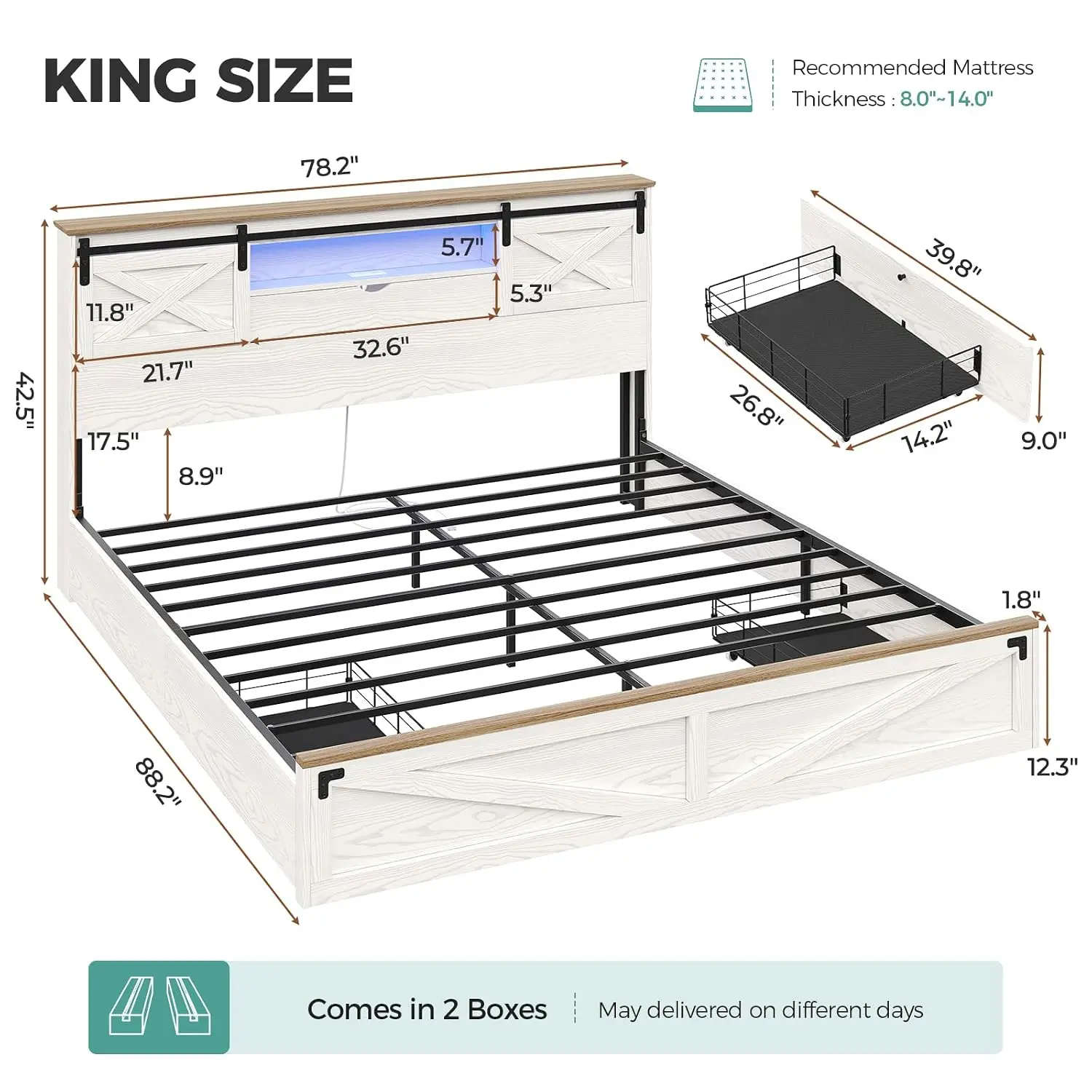 Farmhouse Bed Frame King Size with Storage Bookcase Headboard, Wooden King Bed with LED Lights, Charging Station, 2, Customized