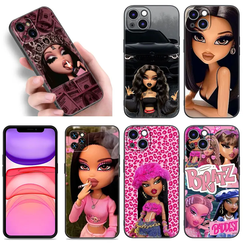 Fashion B-Bratz Doll Black Silicone Phone Case For Apple iPhone 12 13 Mini 11 14 15 16 Pro Max 7 8 Plus