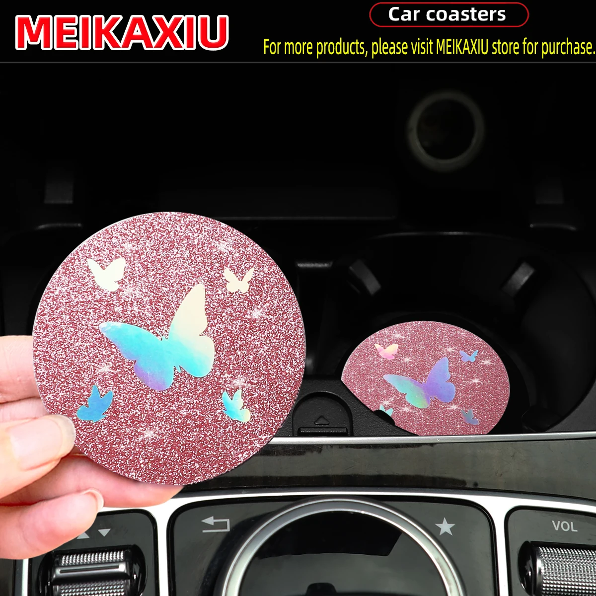 Car water cup pad with colorful butterflies and glittering effect. Blingbling brand. Set of two for car interior decoration.