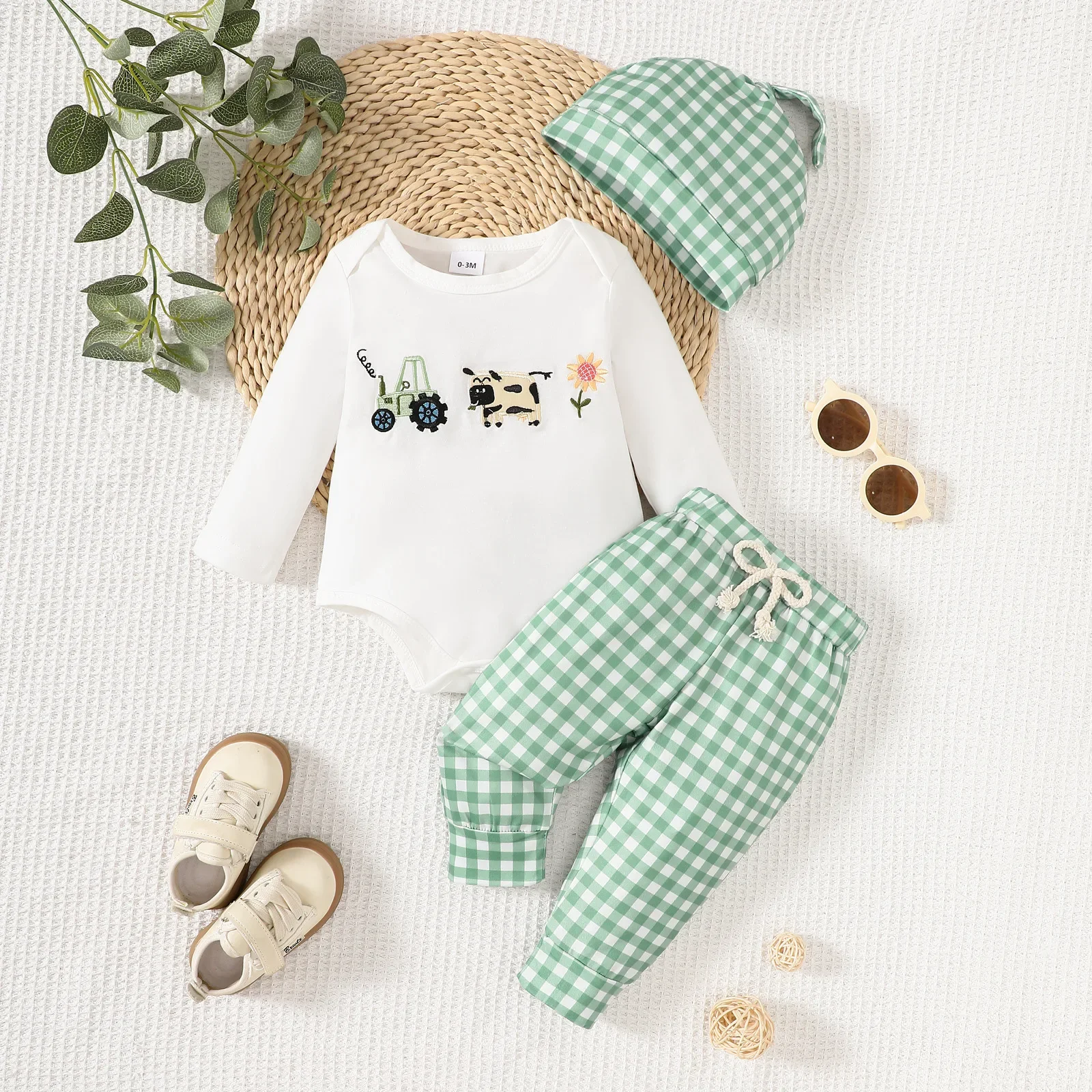 2025 Spring New Baby Boys Clothing Set Animal Embroidery Girls Clothing Suits Plaid Hat And Pants Print Bodysuits