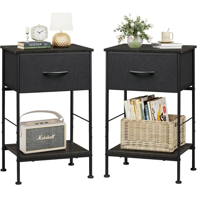 Nightstand Set of 2, End Table with Fabric Storage Drawer and Open Wood Shelf, Bedside Furniture with Steel Frame, Side Table