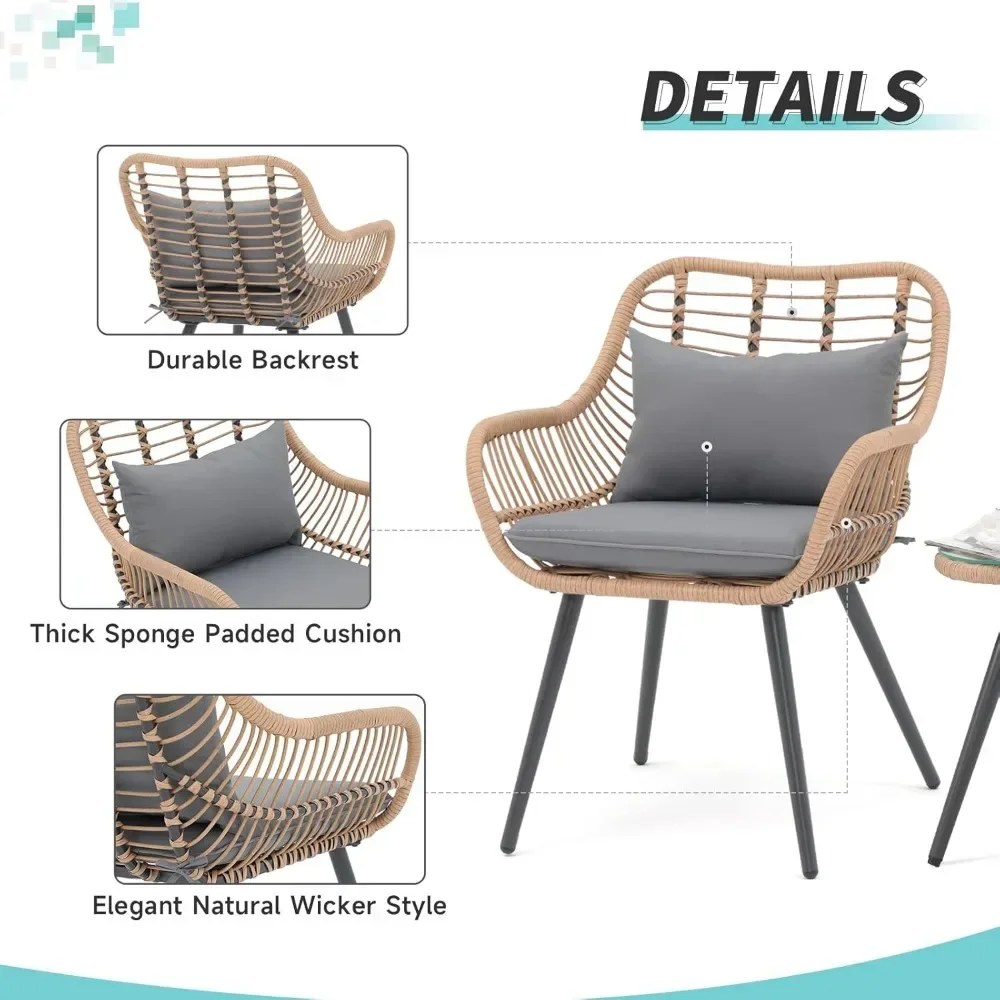 Set kursi taman 2, Set tempat duduk anyaman dengan bantal lembut untuk penggunaan dalam ruangan & luar ruangan, kursi makan anyaman Modern untuk halaman belakang