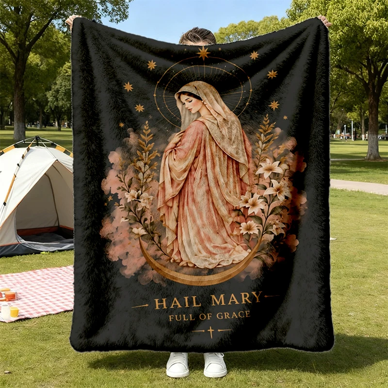 Hail Mary Virgin Mary Comfy Blanket, Catholic Marian Graphic Flannel Blanket, Full of Grace Religious Flannel Throw