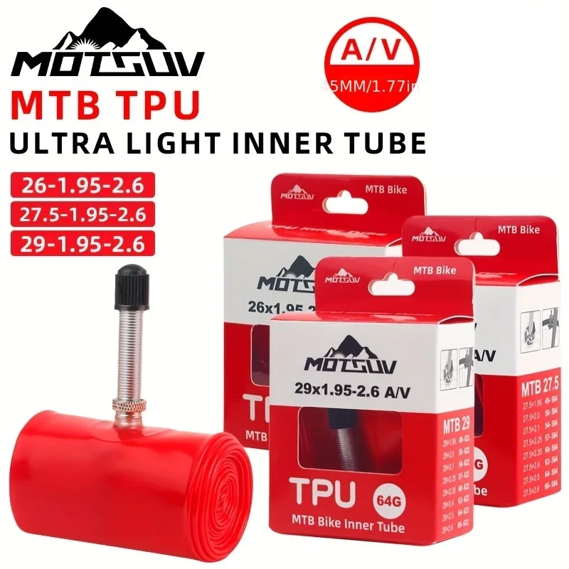 AliExpress MOTSUV Mountain Bike Inner Tube - Ultra-Light TPU Material, A/V Metal Valve Stem, MTB Compatible Inner Tube, Sizes: 26'/27.5'/29' X 26