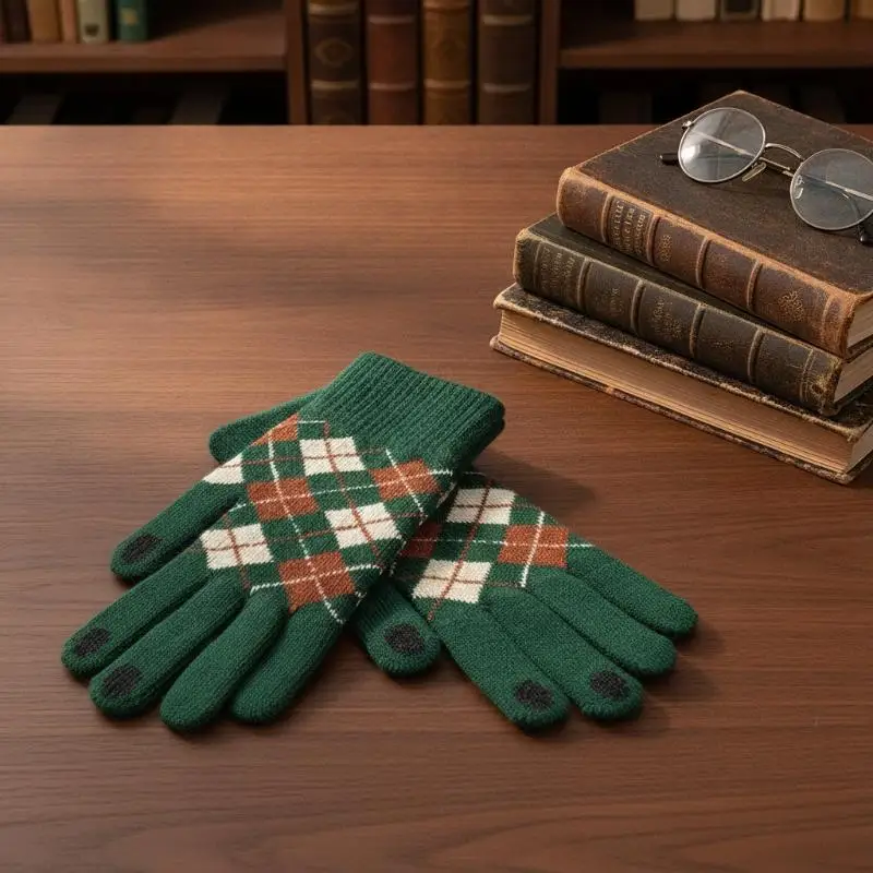 1 Paar Touchscreen-Handschuhe mit dickem Karomuster, Winterhandschuhe für Erwachsene, Männer und Frauen, Studenten, mit geteilten Fingern, zum Warmhalten beim Reiten, niedliches Paar – Detail 3