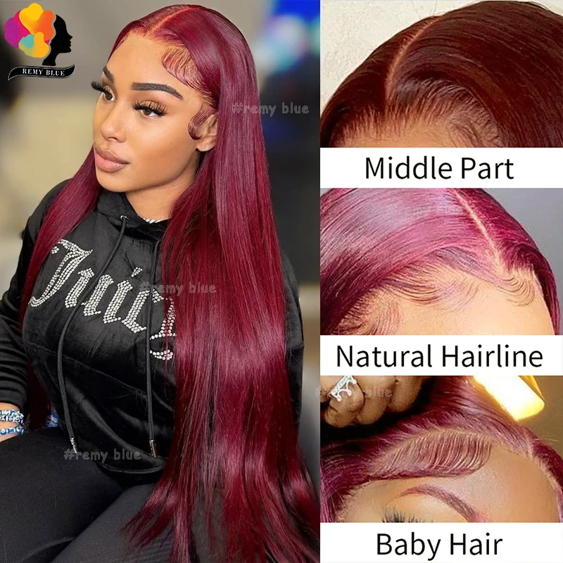 Colored 99J Burgundy Straight Lace Front Wig Pre-Plucked 13x6 Transparent Human Hair Lace Frontal Wigs for Black Women 32 inch