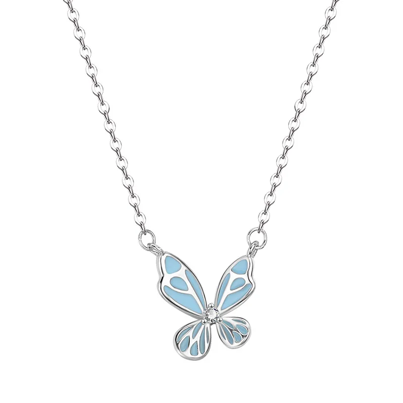 

925 Sterling Silver Blue Butterfly AAA CZ Necklace Elegant Pendant Light Luxury Jewelry for Women Valentine's Day Gift