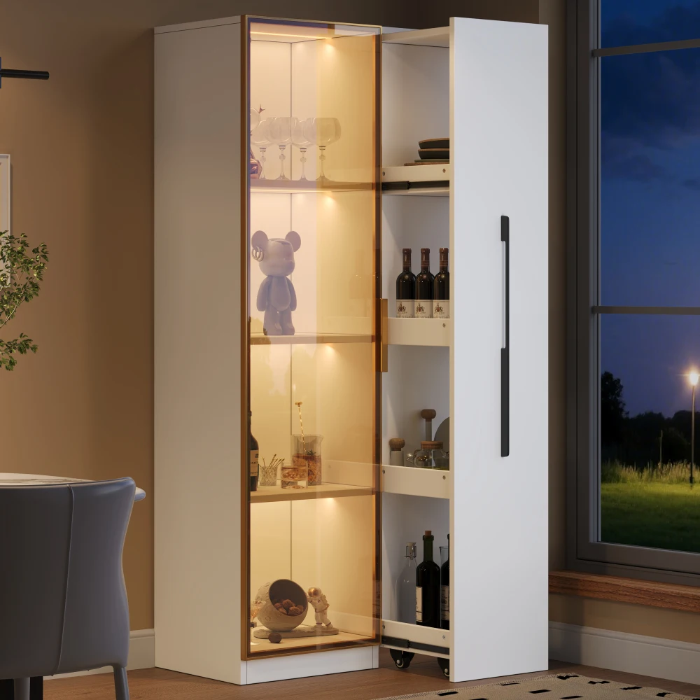 Vitrine moderne de grande taille 70×40×160 cm avec portes en verre, tiroirs latéraux et éclairage LED intégré, armoire à vin polyvalente, bibliothèque