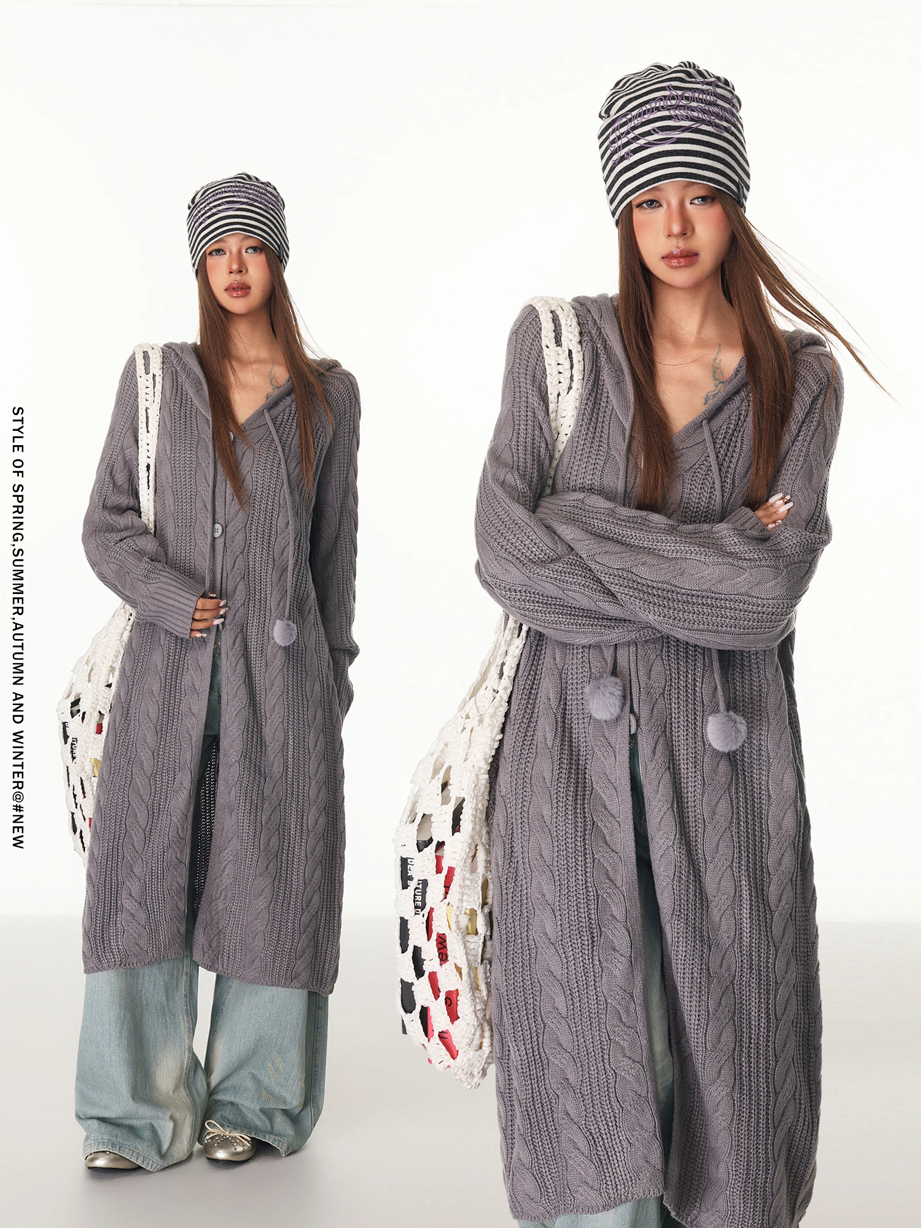 

Длинное вязаное пальто-свитер женское, повседневное, оверсайз, с меховой отделкой, осенне-зимнее, утепленное