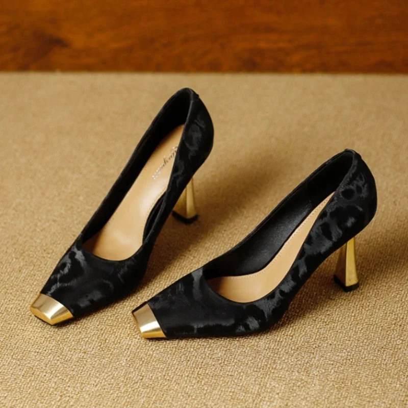 Leopard Print Metal Toe Women's Pumps and Heels Square Toe Shallow Spring Autumn Office Shoes Comfort Elegant High Heels Ladies