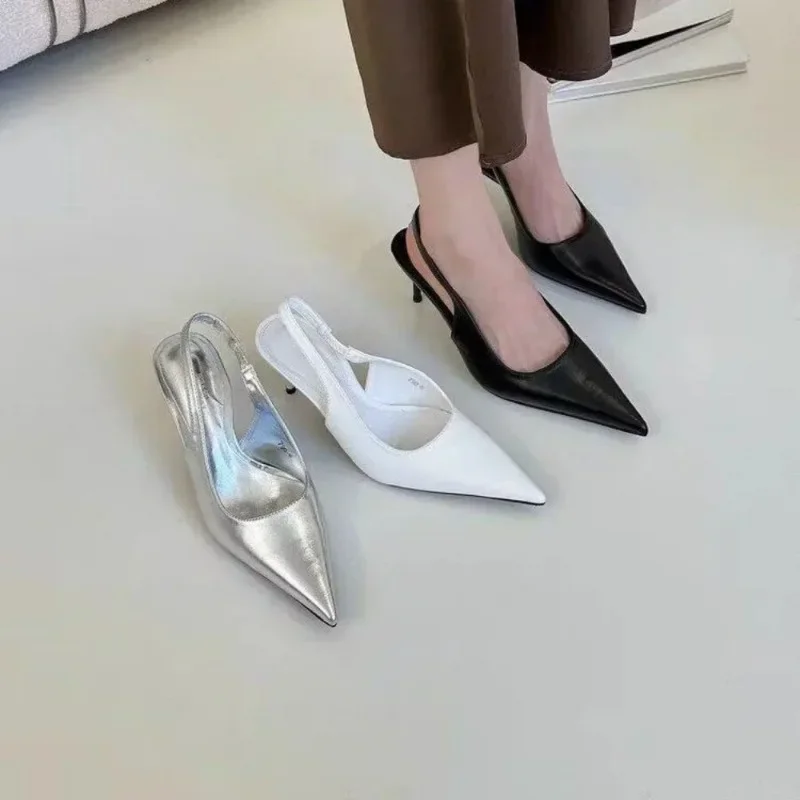 2024 French pointed toe wrap sandals for women's summer slim mid heeled minimalist OL single shoes