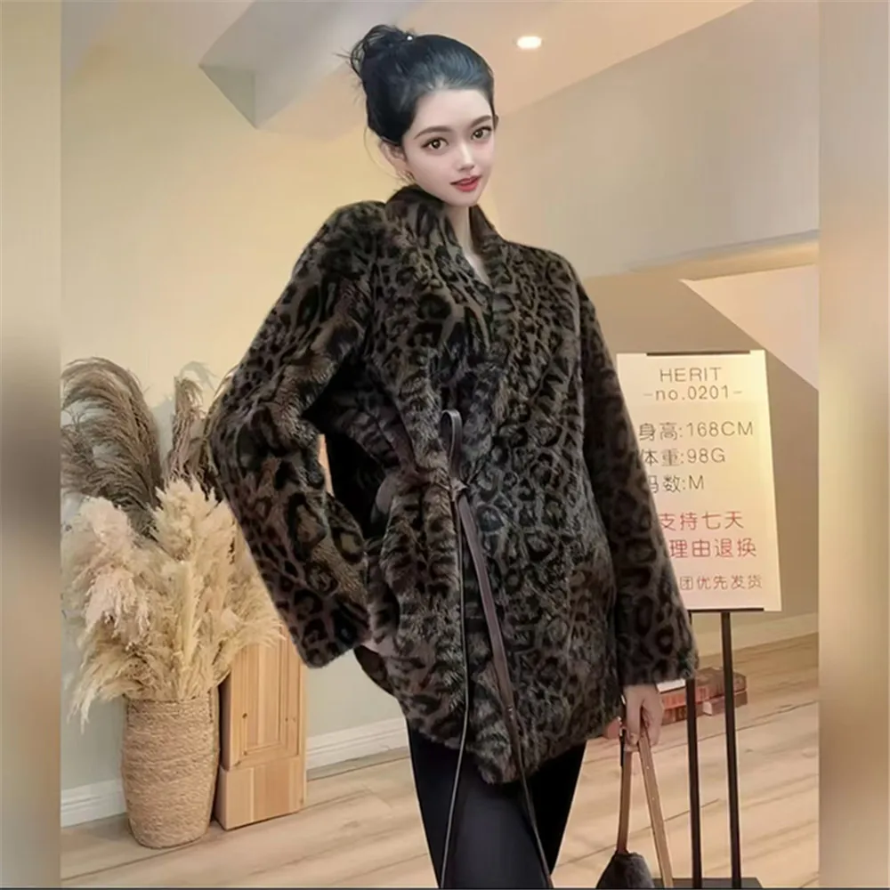 Faux Fur Coats for Women,Covered Button Jackets,Leopard Print Overcoat,Female Clothes,Adjustable Waist,V-Neck,New ,Winter