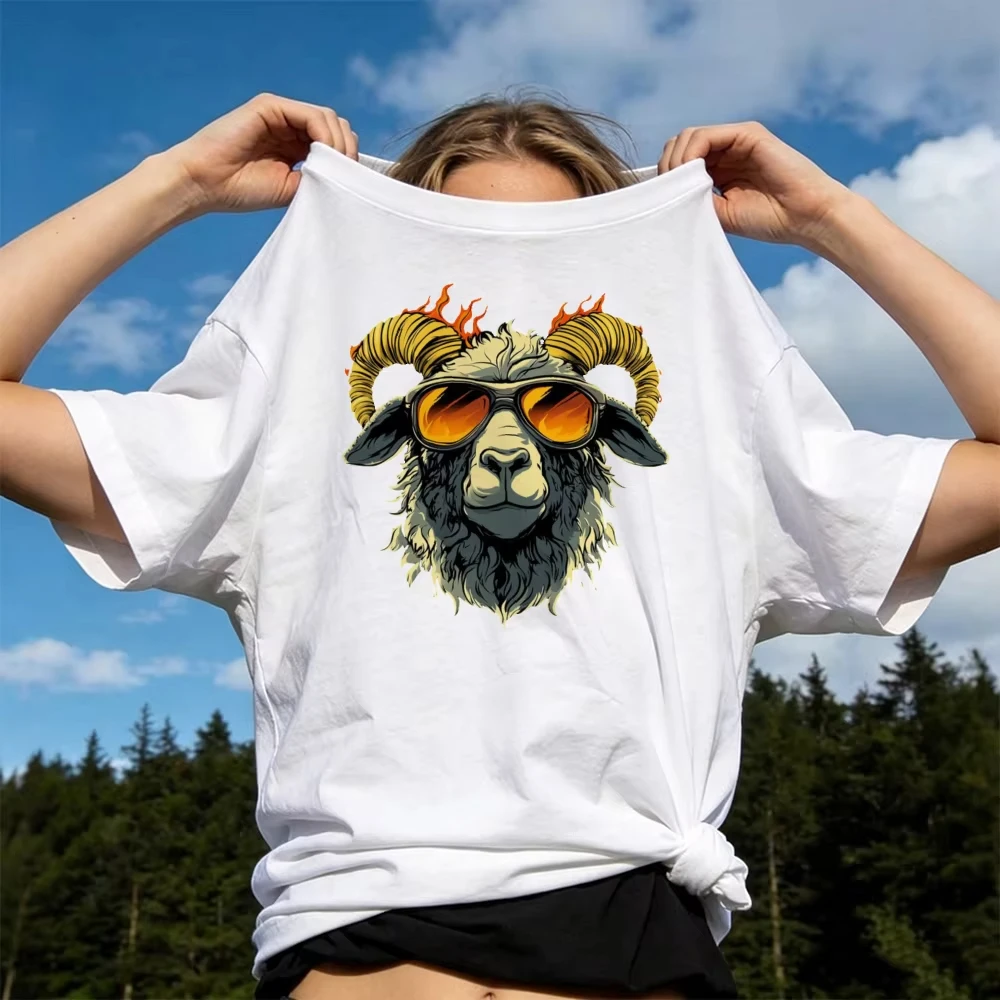 Cool Ram Sunglasses Flame Graphic T Shirt Women Hip Hop Animal Print Tee Summer Casual Streetwear Vintage Style Top