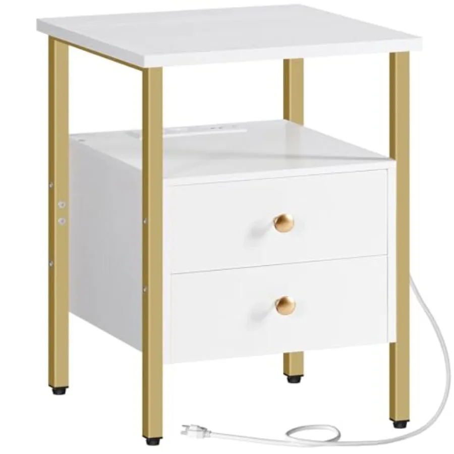 

End Table with Charging Station for Small Spaces White and Gold Nightstand with 2 Drawers USB and Type-C Ports Stable and Sturd