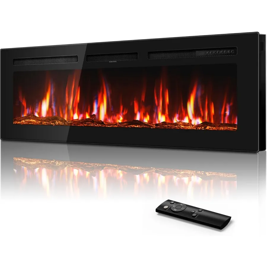 

60 Ultra-Thin Electric Fireplace Recessed and Wall Mounted with Remote Control 12 Adjustable Color Fireplace Heater 60-99F Ther