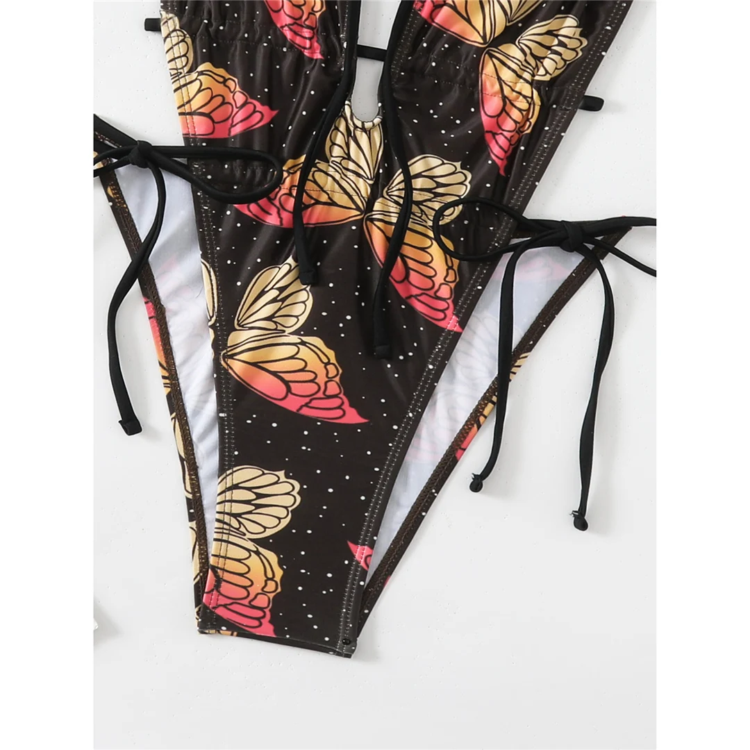 Schmetterlingsmuster, tiefes V-Ausschnitt-Design, rückenfreier, einteiliger Badeanzug für Damen, Badebekleidung, hoch geschnittener Monokini-Badeanzug, Badeanzug, Modell V6369. – Detail 14