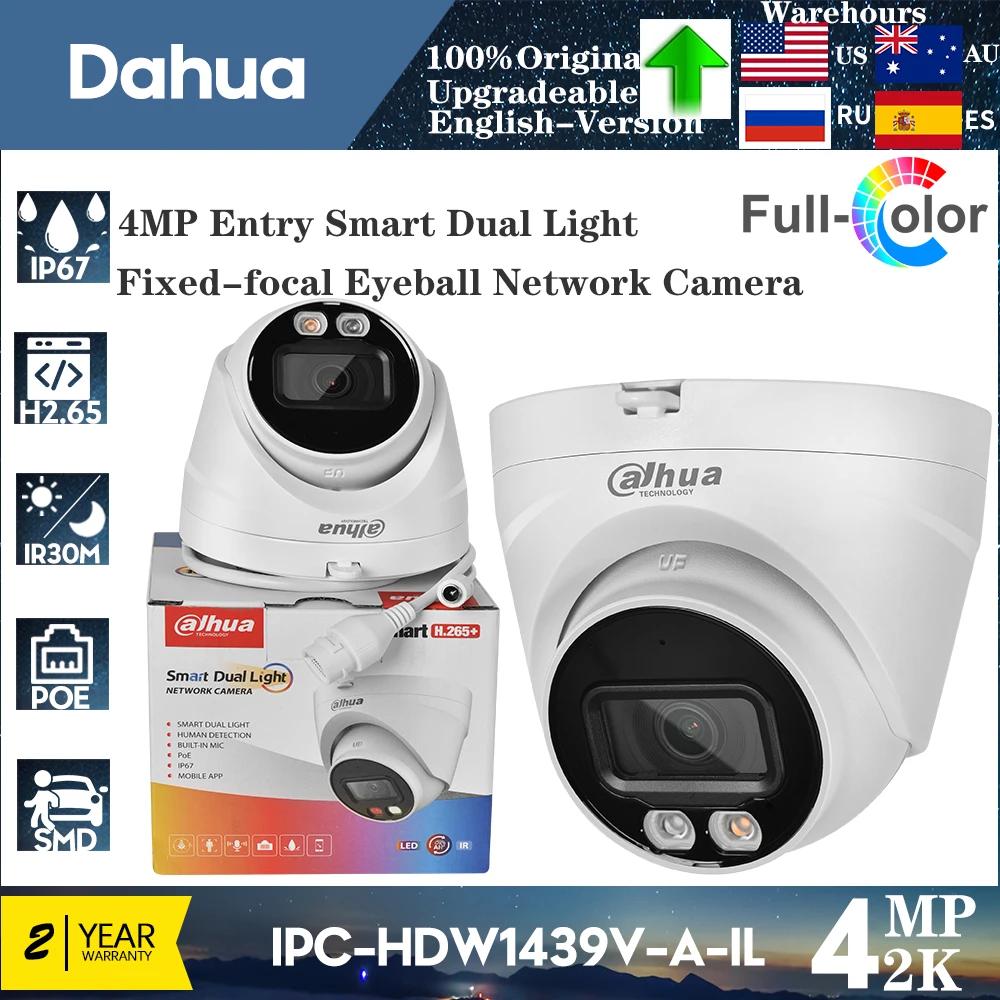 

Original Dahua IPC-HDW1439V-A-IL 4MP Entry Smart Dual Light Dual Light Fixed-focal Built in Mic POE IP67 Eyeball Network Camera﻿