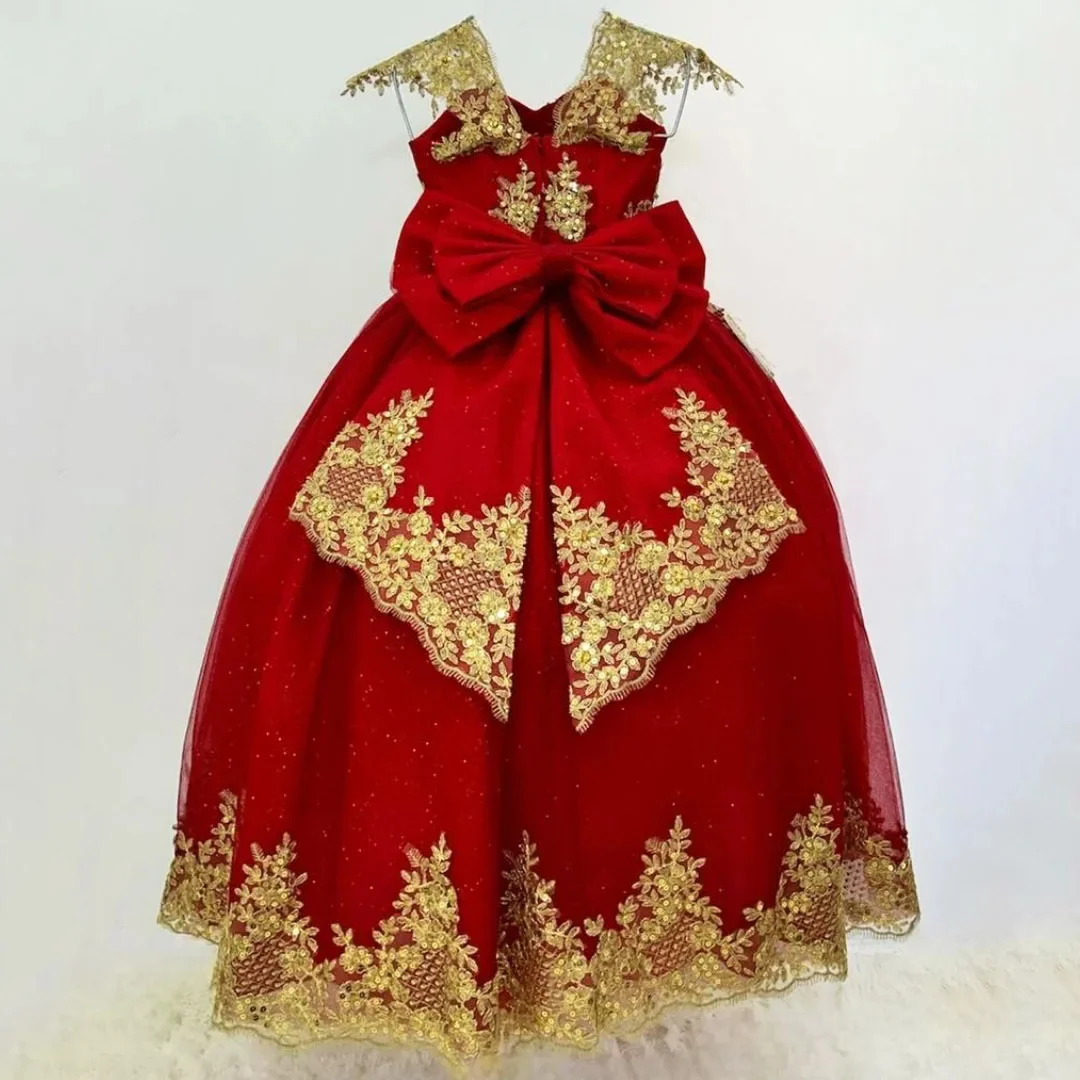 Classic Red Flower Girl Dress For Wedding Gold Appliques Glitter Tulle With Bow Toddler Birthday Party Pageant Gown Customized