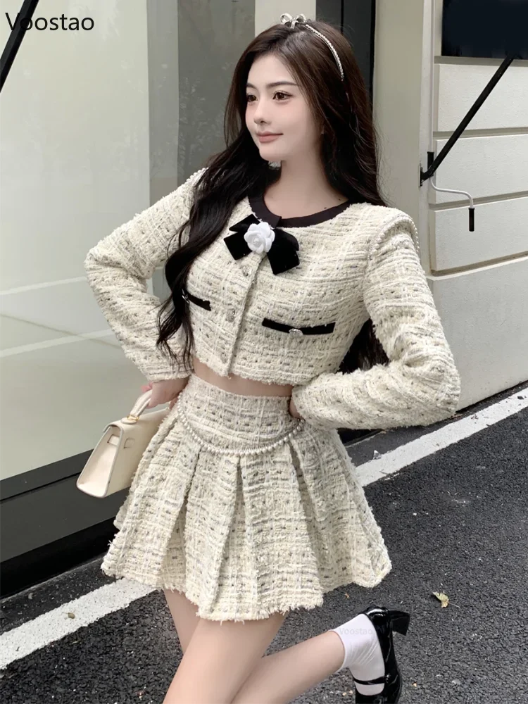 Autumn Winter Elegant Tweed Plaid Skirt Sets Women Sweet O-Neck Flower Bow Jackets Short Tops Mini Pleated Skirts Korean Outfits