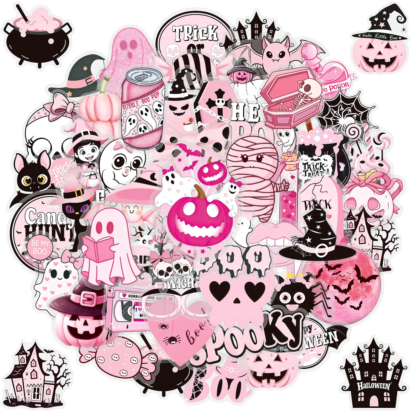 50 Stück Cartoon Rosa Halloween-Aufkleber Graffiti Wasserfeste PET-Sticker für Handdekoration Wasserbecher Skateboard Wasserfeste DIY-Aufkleber