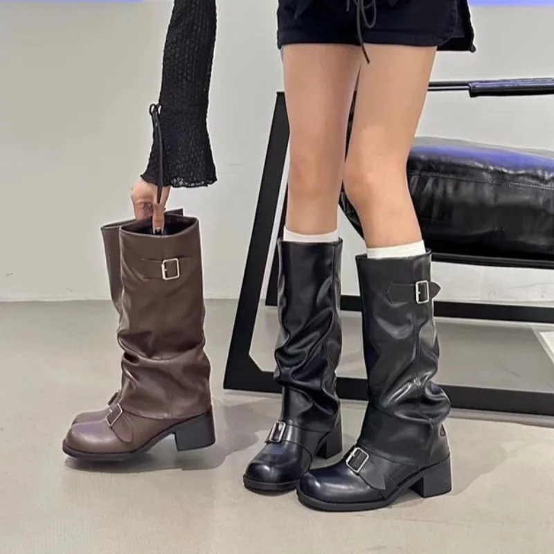 Gothic Punk Women Knee High Leather Boots Platform Chunky Heel New Rock Motorcycle Trend Shoes