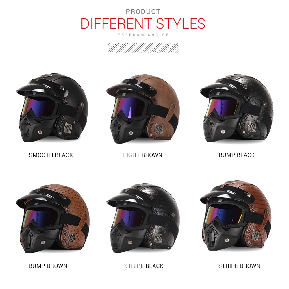 New Retro Vintage German Style Motorcycle Helmet 3/4 Open Face Helmet Scooter Chopper Cruiser Casco Moto Helmet Glasses Mask