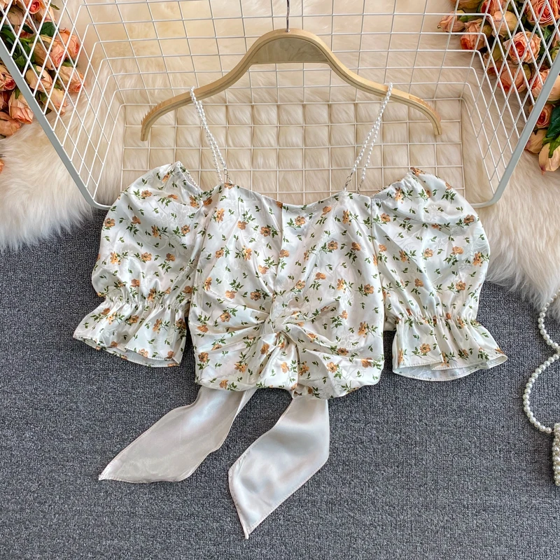 

Sweet Summer Floral Print Bubble Sve ort Sve Women's Blouse oulder Bared Gentle ort Length Commute Sle Korean V...